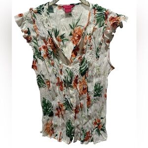 SUNNY LEIGH Floral Ruffle Sleeve Crinkle Top